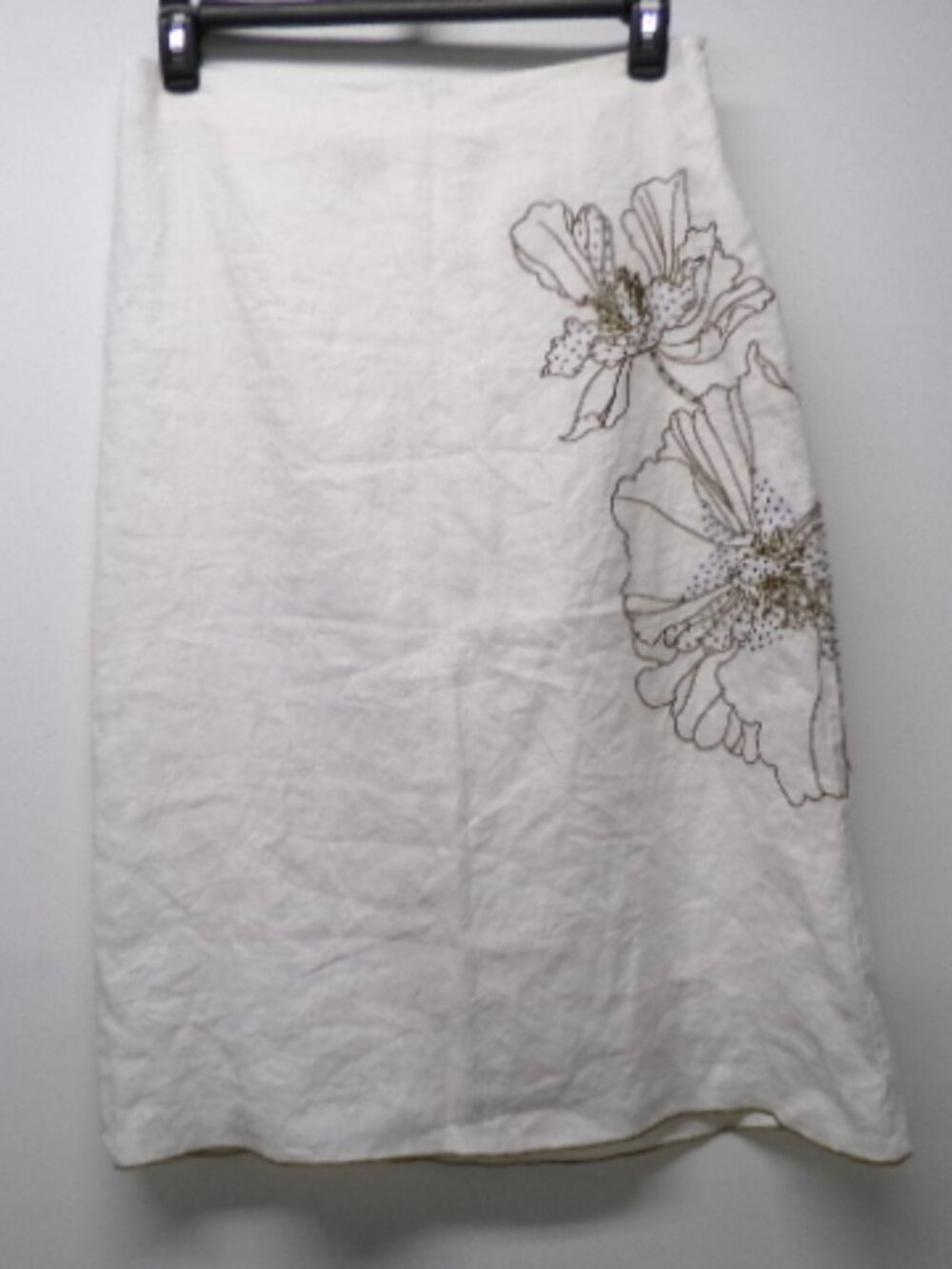 Autograph 100% Irish Linen White Green Floral Embroidered Beaded A Line Skirt 12